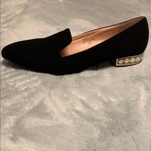 Black Faux Suede Flats with Pearl Accents